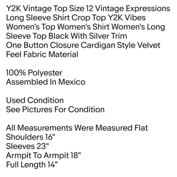 Y2K Vintage Top Size 12 Vintage Expressions Long Sleeve Shirt Crop Top Y2K Vibes - Picture 2 of 7